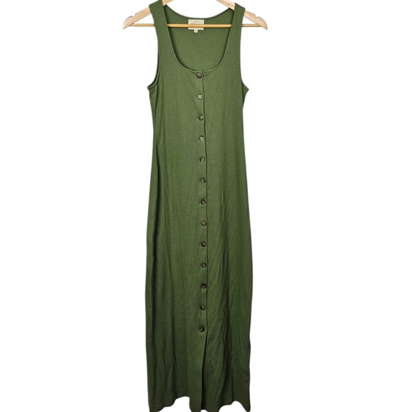Sezane Fabiola Ribbed Midi Dress Button Green Size Medium - Picture 2 of 8